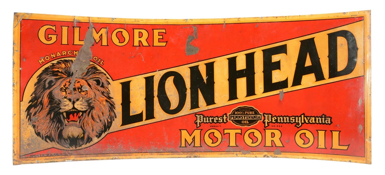 GILMORE GASOLINE LION HEAD MOTOR OIL TIN SIGN.