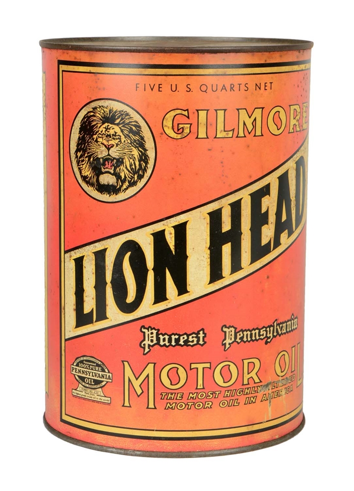 GILMORE LION HEAD FIVE QUART OIL CAN.