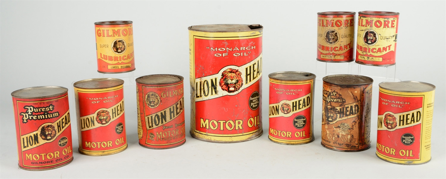 LOT OF 10: GILMORE MOTOR OIL VARIOUS OIL CANS.