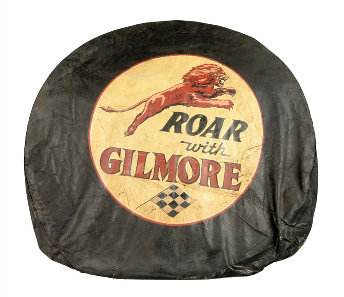 "ROAR WITH GILMORE" TIRE COVER WITH LEAPING LION GRAPHIC.
