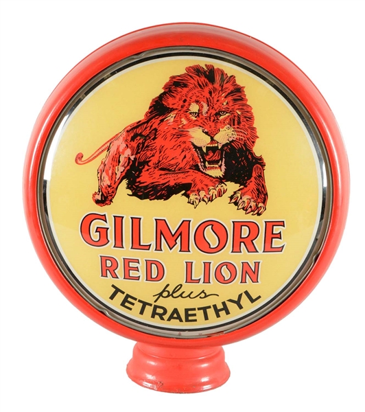 GILMORE RED LION PLUS TETRAETHYL 15" SINGLE GLOBE LENS.