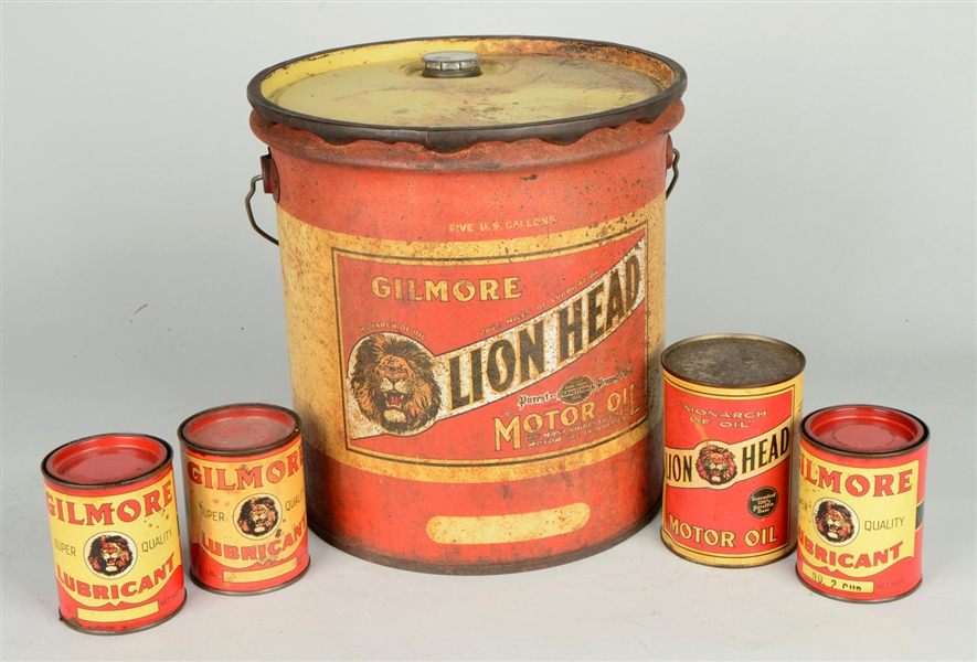 LOT OF 5: GILMORE MOTOR OIL VARIOUS OIL CANS.