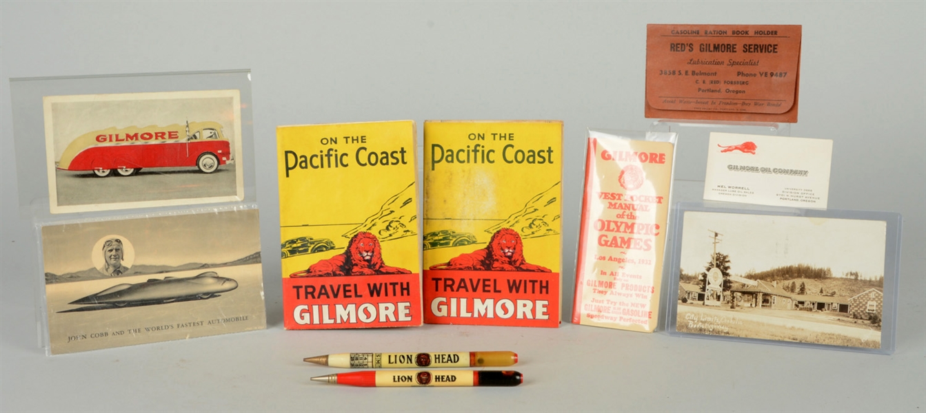 LOT OF 10: VARIOUS GILMORE GASOLINE PAPER ADVERTISEMENTS & POSTCARDS.