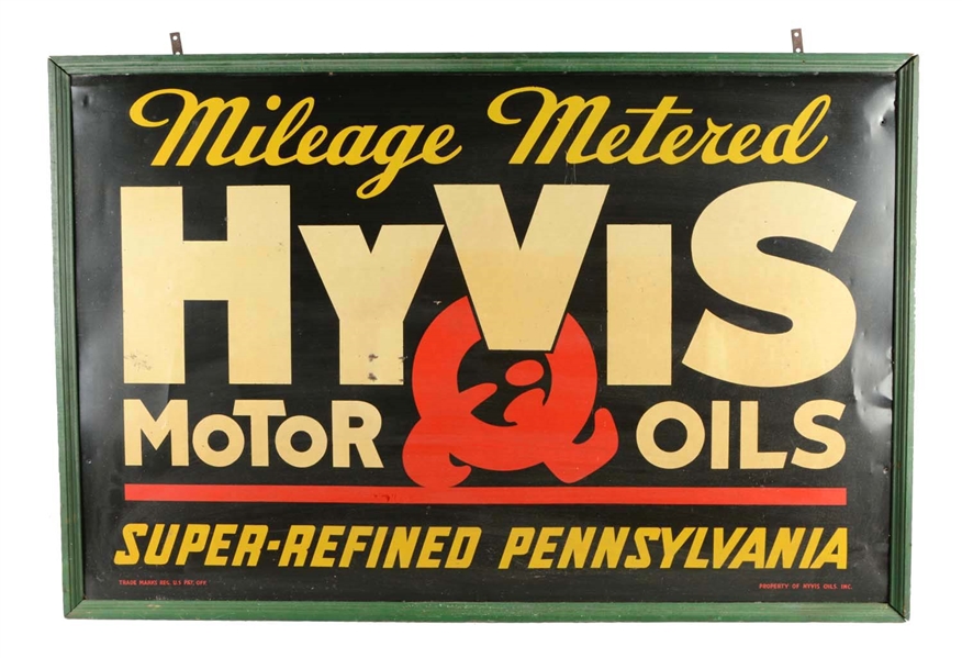 HYVIS MOTOR OIL TIN SIGN WITH ORIGINAL WOOD FRAME. 