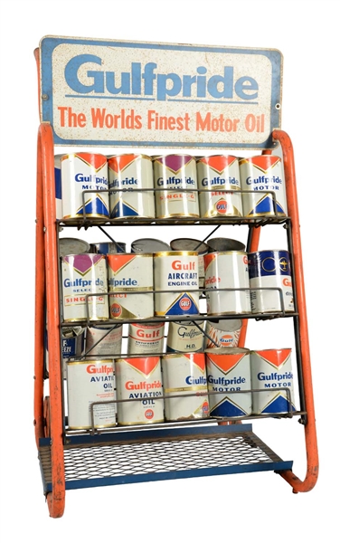 GULFPRIDE "THE WORLDS FINEST MOTOR OIL" OIL CAN RACK.