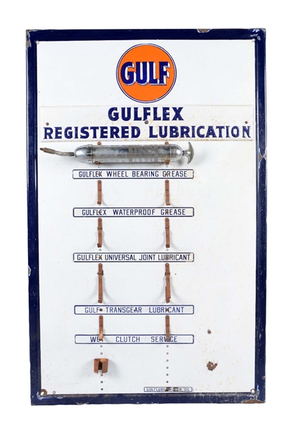 GULFLEX WITH GULF LOGO GREASE GUN BOARD PORCELAIN SIGN.