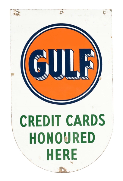GULF CREDIT CARDS HONOURED HERE DIE-CUT PORCELAIN SIGN.