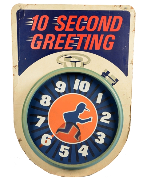 (GULF) "10 SECOND GREETING" CARDBOARD SIGN.