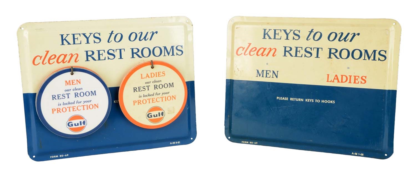 LOT OF 2:  GULF "KEYS TO CLEAN REST ROOM" TIN SIGNS.