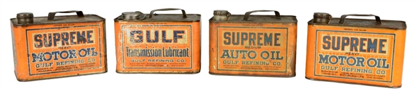 LOT OF 4: GULF SUPREME MOTOR AND TRANSMISSION OIL ONE GALLON CANS.