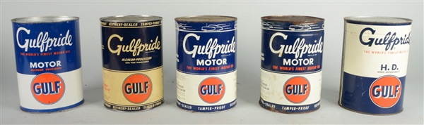 LOT OF 5: GULF MOTOR OIL FIVE QUART ROUND METAL CANS. 