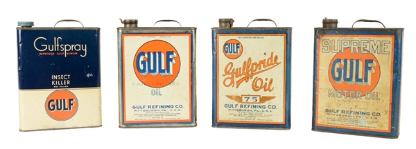 LOT OF 4: GULF ONE GALLON FLAT METAL CANS.