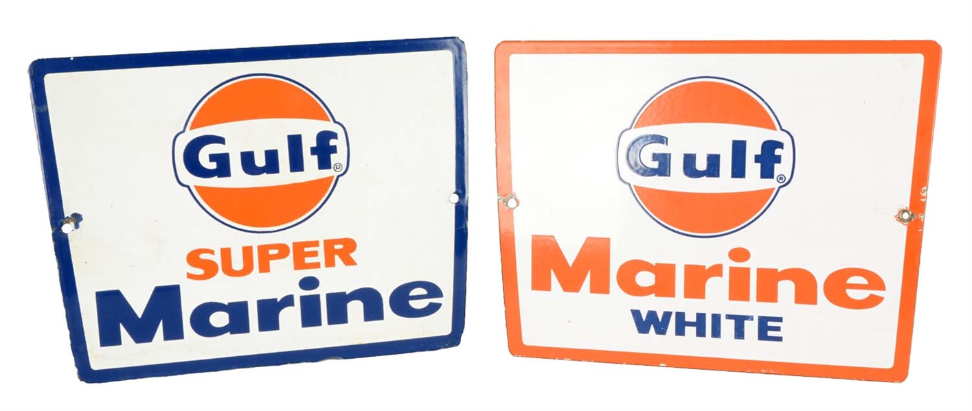 LOT OF 2: GULF SUPER MARINE AND MARINE WHITE SIGNS.