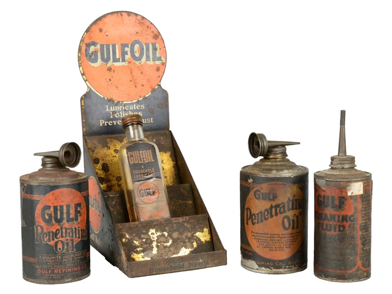 LOT OF 5: GULFOIL METAL DISPLAY WITH BOTTLE AND CANS.