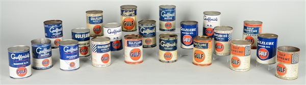 LOT OF 21: GULF QUART MOTOR OIL CANS.