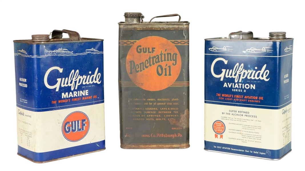 LOT OF 3: GULFPRIDE MOTOR OIL ONE GALLON CANS.