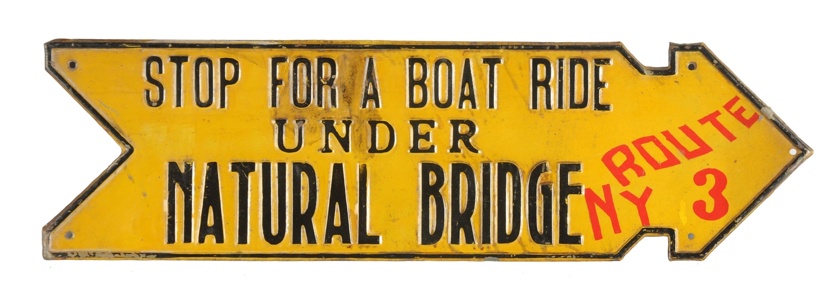 STOP FOR A BOAT RIDE EMBOSSED DIECUT TIN SIGN.