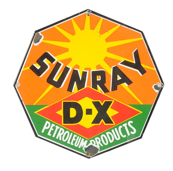 SUNRAY D-X PETROLEUM PRODUCTS DIECUT PORCELAIN SIGN.