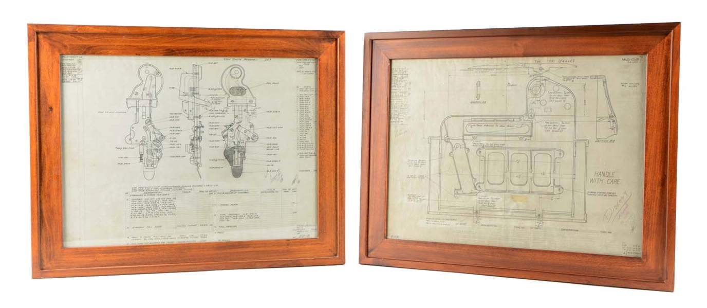 LOT OF 2: FRAMED TECHNICAL DRAWINGS OF MILLS NOVELTY MACHINES