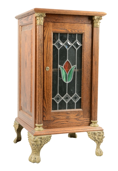 GLASS FRONT OAK SLOT MACHINE STAND