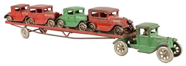 ARCADE FORD MODEL-T TRUCK & CAR TRAILER WITH FOUR CARS.