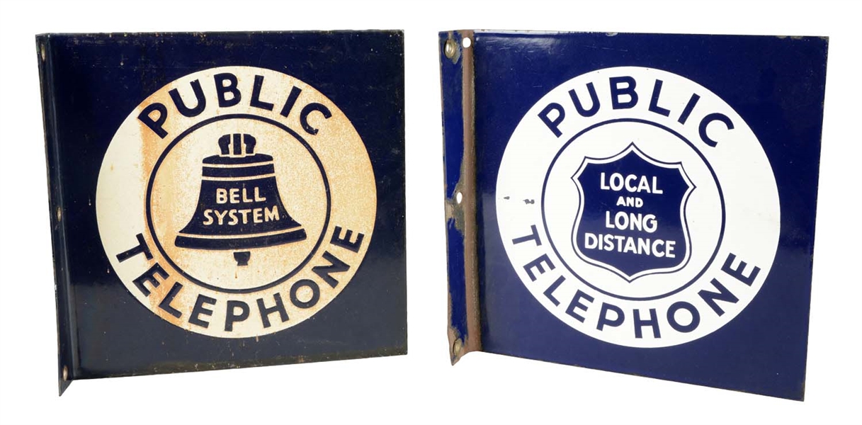 LOT OF 2: DIFFERENT PUBLIC TELEPHONE PORCELAIN FLANGE SIGNS.