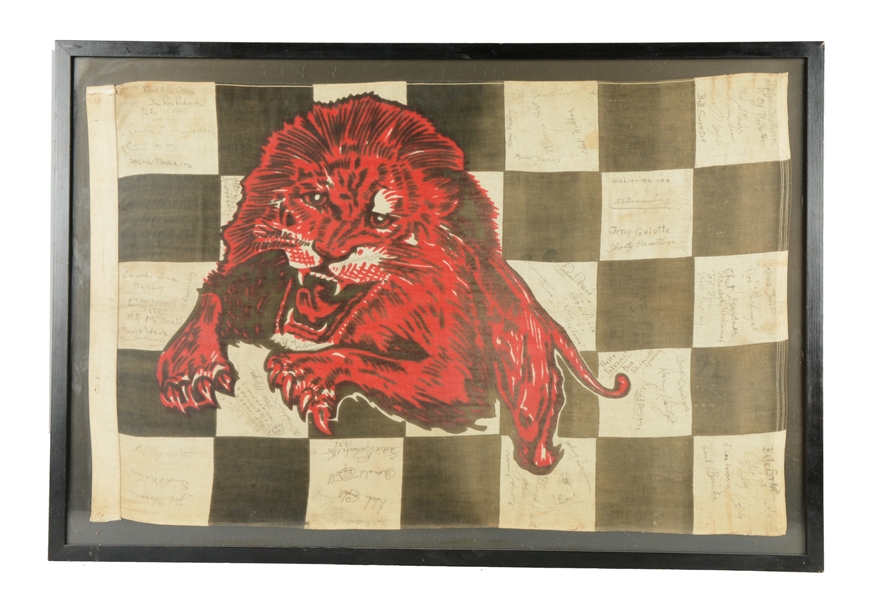 GILMORE ROARING LION CHECKER FLAG SIGN BY RACE CAR DRIVERS OF 1930S.