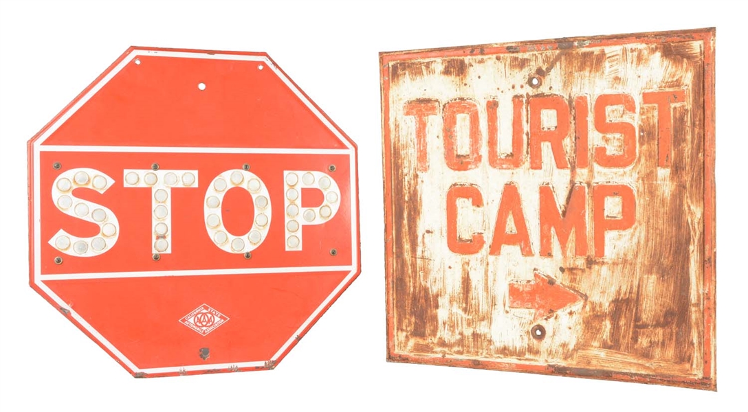 LOT OF 2: JEWELED AAA STOP AND TOURIST CAMP SIGNS.