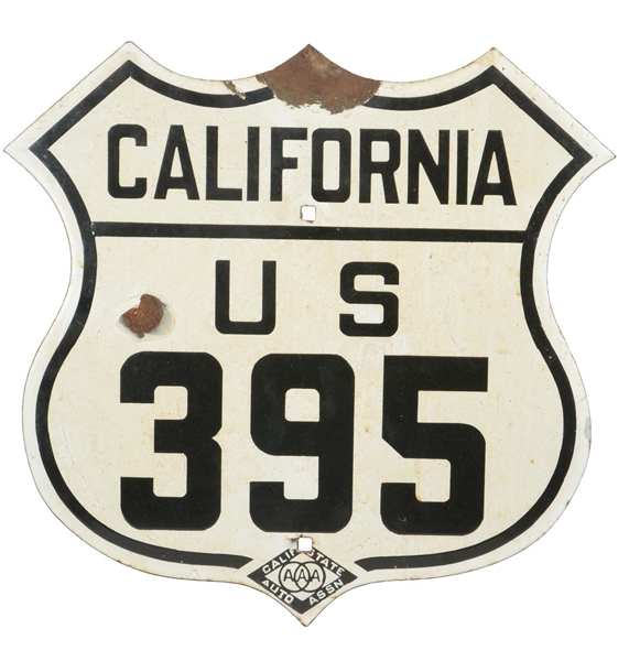 CALIFORNIA AAA U.S. 395 SHIELD SHAPED PORCELAIN ROAD SIGN.