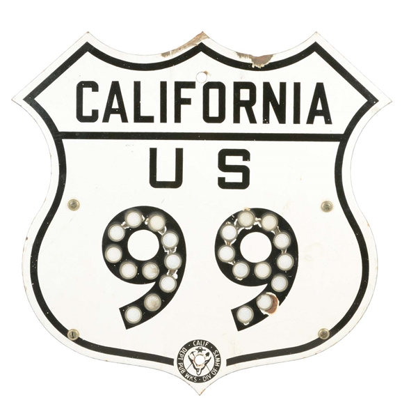 CALIFORNIA U.S. 99 PORCELAIN SHIELD SHAPED ROAD SIGN.