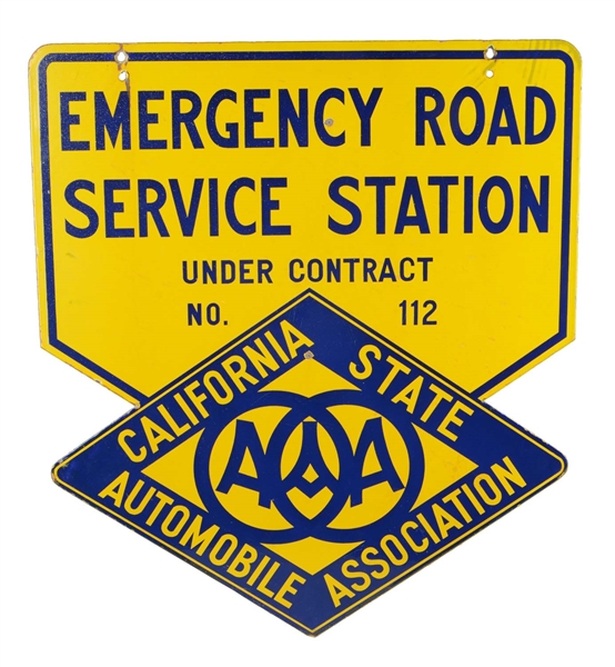 CALIFORNIA AAA EMERGENCY ROAD SERVICE STATION PORCELAIN DIE-CUT SIGN.