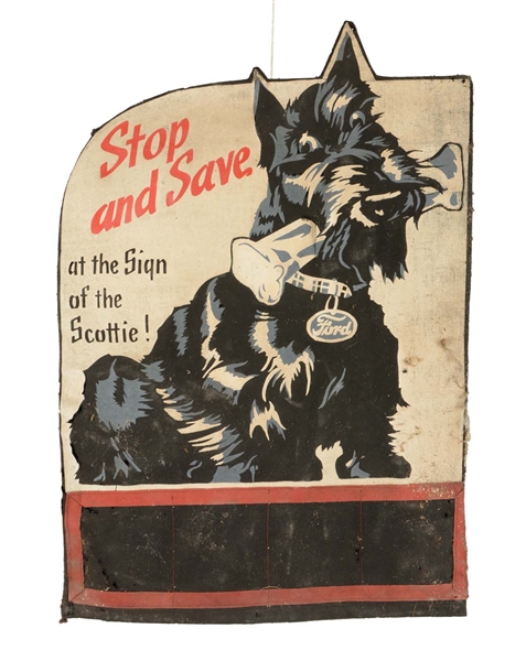 FORD "STOP AND SAVE AT THE SIGN OF THE SCOTTIE" CLOTH BANNER.