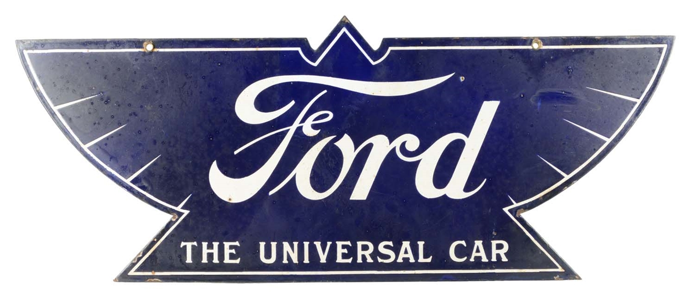 FORD "THE UNIVERSAL CAR" PORCELAIN DIE-CUT SIGN.