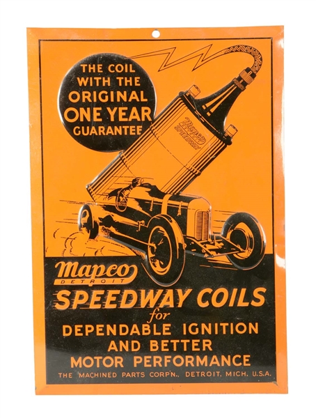 MAPCO SPEEDWAY COILS WITH INDY CAR EMBOSSED TIN SIGN.