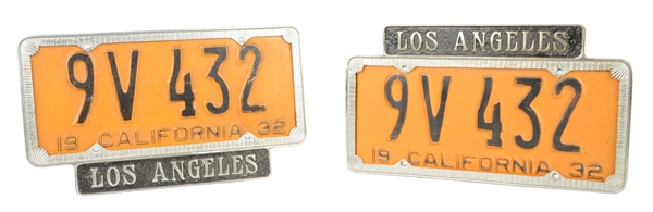 LOT OF 2: 1932 CALIFORNIA MATCHED CAR LICENSE PLATES IN HOLDERS.