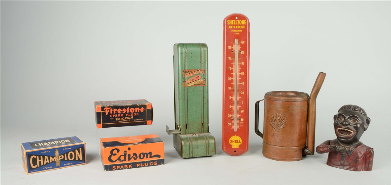 LOT OF 7: SHELL OIL CAN, THERMOMETER, DISPENSER, BANK & SPARK PLUGS.