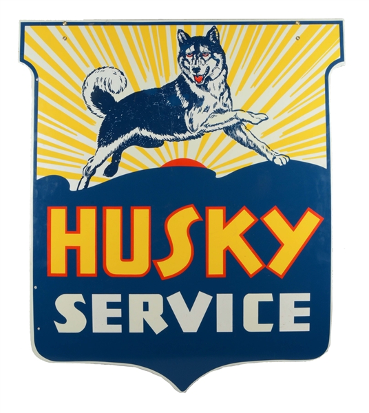 HUSKY SERVICE SHIELD PORCELAIN SIGN WITH DOG AND SUNRISE LOGO.