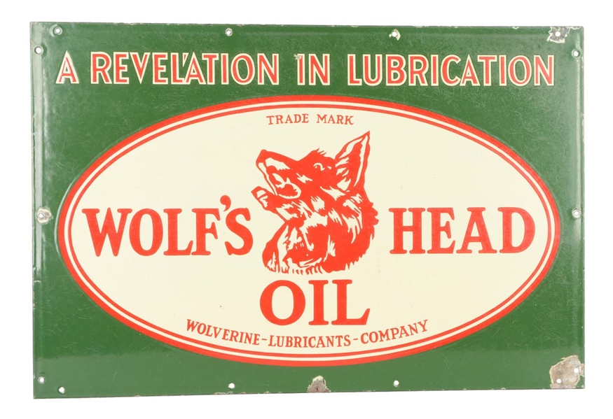 RARE WOLFS HEAD OIL WITH EARLY LOGO PORCELAIN SIGN.