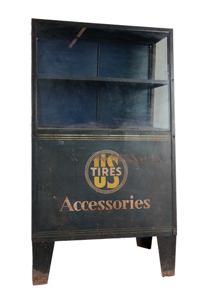 US TIRES ACCESSORIES TIN & GLASS DISPLAY CABINET.