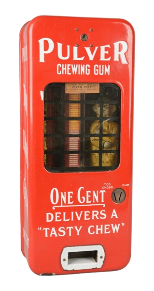 1¢ PULVER CHEWING GUM RED PORCELAIN SHORT CASE VENDING MACHINE.