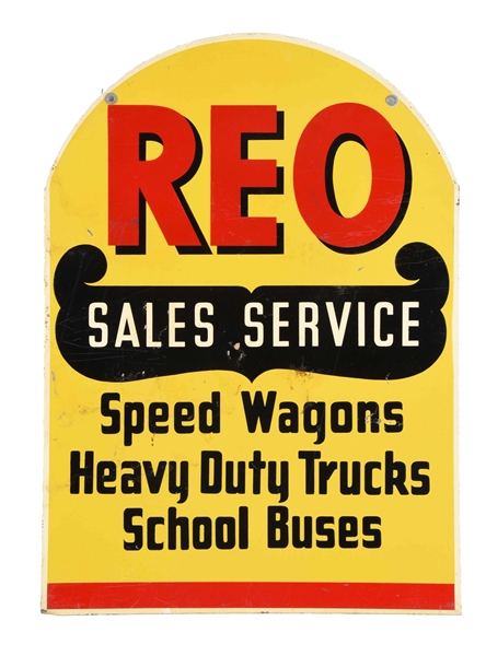 REO SALES & SERVICE TOMBSTONE SHAPED TIN SIGN.