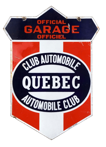 QUEBEC AUTO CLUB GARAGE PORCELAIN SHIELD SIGN.