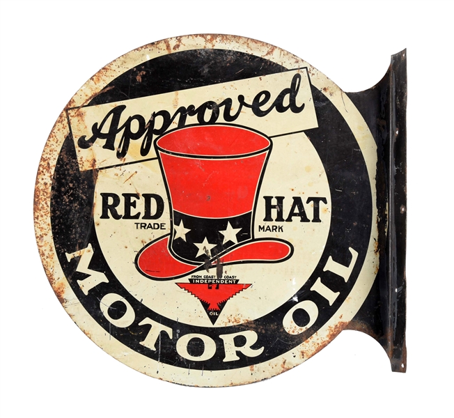 APPROVED RED HAT MOTOR OIL TIN FLANGE SIGN.