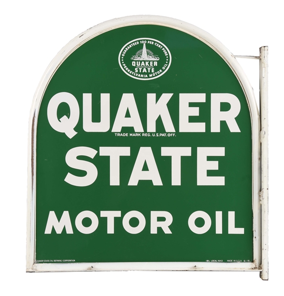 QUAKER STATE MOTOR OIL TOMBSTONE SHAPED SIGN. 