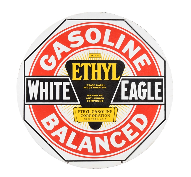 WHITE EAGLE GASOLINE BALANCE W/ ETHYL LOGO PORCELAIN SIGN.