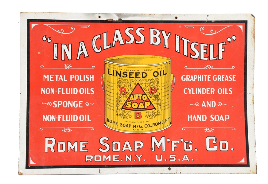 LINSEED OIL AUTO SOAP ROME SOAP EMBOSSED TIN SIGN.