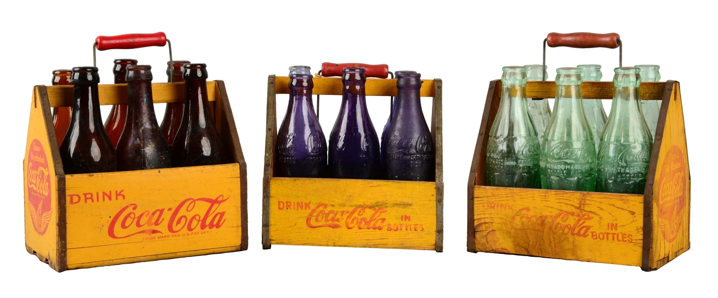 LOT OF 3: 6-PACK WOODEN COCA - COLA CARRIERS WITH BOTTLES.
