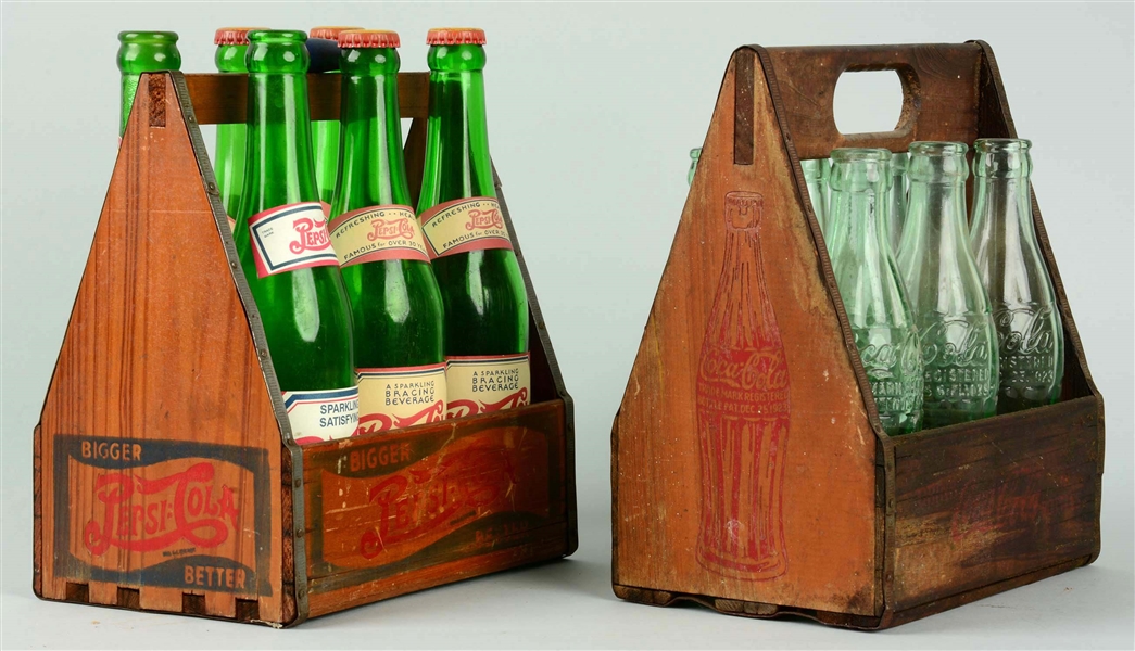 LOT OF 2: PEPSI & COCA - COLA 6-PACK WOODEN CARRIERS WITH BOTTLES.