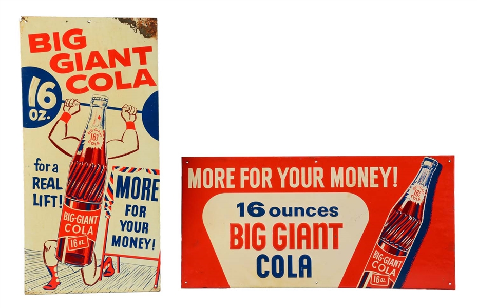 LOT OF 2: BIG GIANT COLA TIN ADVERTISING SIGNS. 