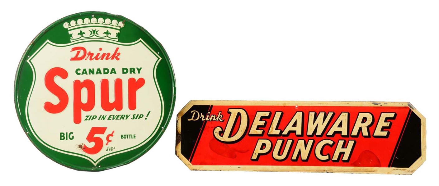 LOT OF 2: CANADA DRY SPUR & DELAWARE PUNCH ADVERTISING SIGNS.